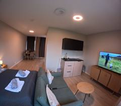 Oversikt over Suite 3 med seng, grønn sofa, tekjøkken og TV